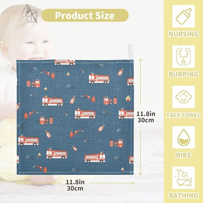 vvfelixl Baby Muslin Washcloths, Firefighters Pattern Baby Burp Cloths, Cotton Baby Face Towel for Newborn Infants Boys Girls Soft and Absorbent 11.8 X 11.8 in, 3 Pack Blue
