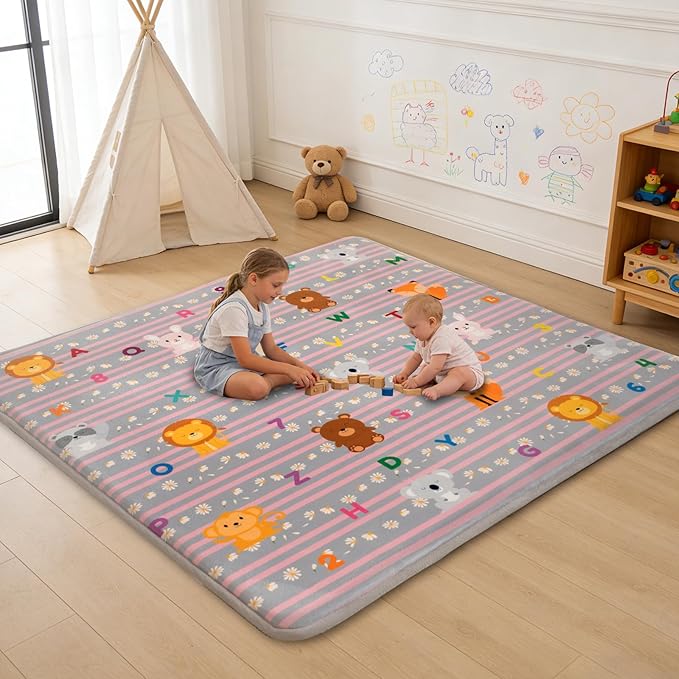 RONGFA Baby Play Mat for Floor, 71'' x 59'' Thicken Foam Padded Playmat for Tummy Time, Playpen Mat for Toddlers Infant Kids, Water-Repellent Coral Velvet, Non-Slip Bottom Safe for Crawling (Lion)