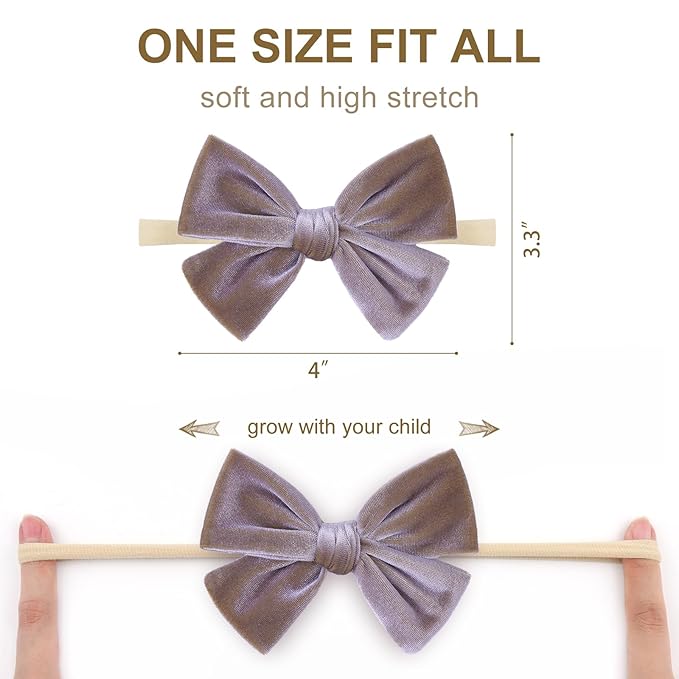 4'' Baby Velvet Gloss Bows Handmade Headbands Tied Bow Elastic Nylon Hair Accessories for Baby Girls Newborn Infant 3 Pcs Purple Turmeric Brown