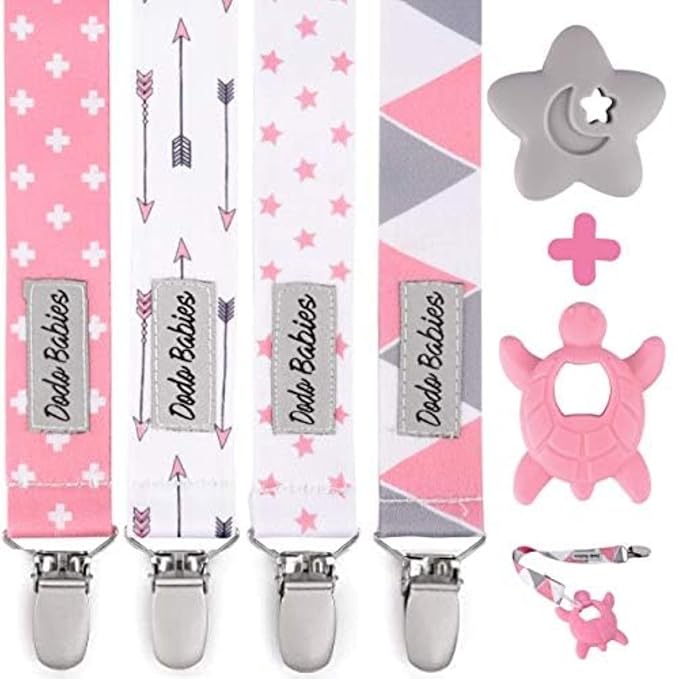 Dodo Babies Pacifier Clip & Teether Set - Universal Pacifier Holder Fits Most Pacifiers - Silicone Teethers Soothe Teething Pain - Baby Gift Set for Boys & Girls - 6pc Pack, Pink, 4 Clips