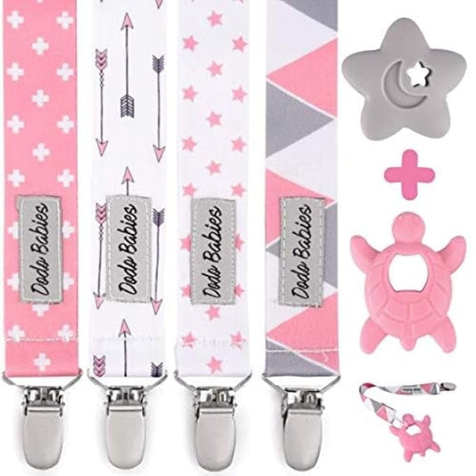 Dodo Babies Pacifier Clip & Teether Set - Universal Pacifier Holder Fits Most Pacifiers - Silicone Teethers Soothe Teething Pain - Baby Gift Set for Boys & Girls - 6pc Pack, Pink, 4 Clips