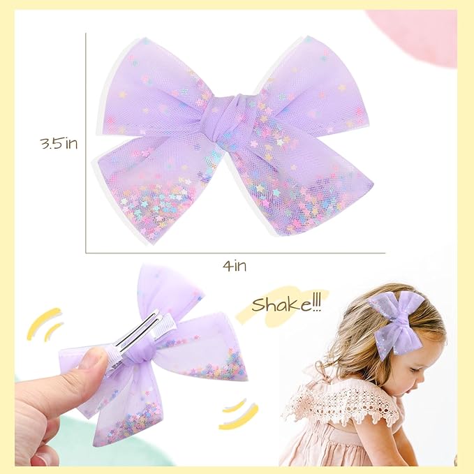 6 PCS Tulle Hair Bows for Girls, CN Toddler Bows with Glitter Star Alligator, Colorful Hair Barrettes Wedding Hair Accessories for Baby Girls Infants Toddler Teens Party (Type D)