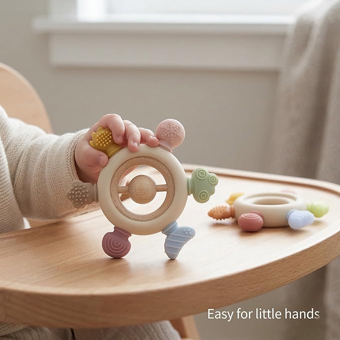 Baby Teething Toys 2 Pack, Dinosaur Mitten Teether and Ring Sun Teether with 6 Chewing Points, Silicone Chew Toys for Infants 0-6 6-12 Months, BPA Free Soothing Gum Relief Set (Colour)