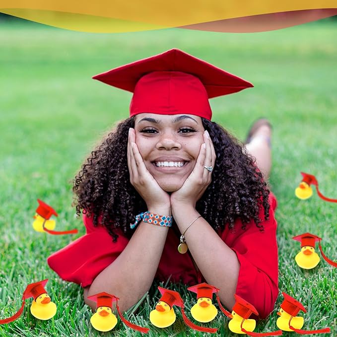 Lenwen 24 Pcs Graduation Rubber Ducks with Grad Cap Mini Rubber Duckies Gifts Bulk for Graduation Party Favors Decoration(Red Grad Hat)
