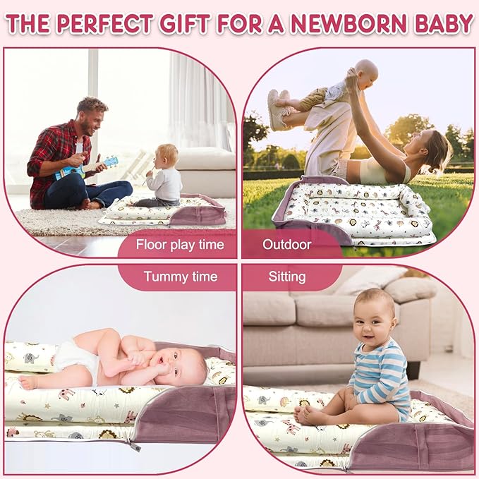 Baby Lounger, Foldable Portable Infant Lounger, Baby Nest Cover, Suitable for 0-24 Months Newborn Baby Lounger,Home Travel Dual-Purpose Baby Nest（Pink Zoo）