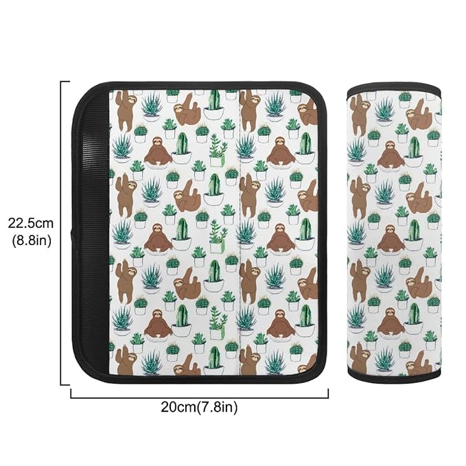 ENLACHIC Kids Car Seat Belt Cover, Cute Cartoon Animal Print Baby Car Seat Strap Pads Infant Car Seat Protector Car Accessories Universal All Cars,Sloth Cactus