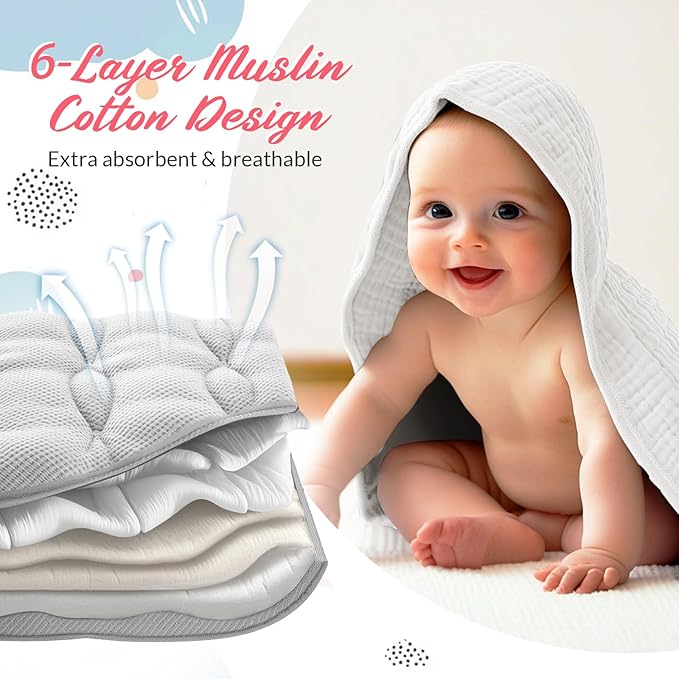 Hahafelt 6 Pcs Muslin Hooded Bath Towels Washcloths and Bibs Set, Muslin Cotton Baby Towels Absorbent Hooded Blanket Towel Infant Bibs for Boys Girls Newborn Infant Essentials(Pink, Light Pink)