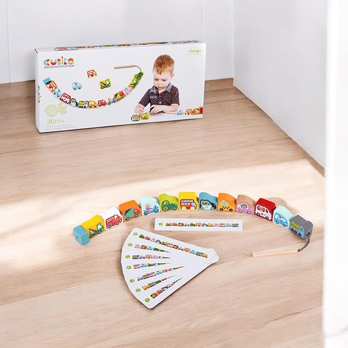 CUBIKA Wooden Flyring Cars Lacing Toy – Montessori Lacing Toy for Kids Ages 3+ – Wooden Lacing Cards with Threading String – Fine Motor Toy – FSC-Certified Wood, Travel Toy for Toddlers