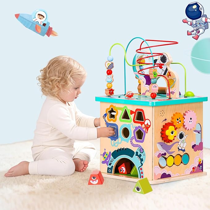 Pre-Assembled 9 in 1 Wooden Activity Cube. Educational Learning Toy for Kids with Bead Maze, Shape Sorter and Music Gears and More. for Toddlers 18 Month+. Birthday Gifts for Boys and Girls