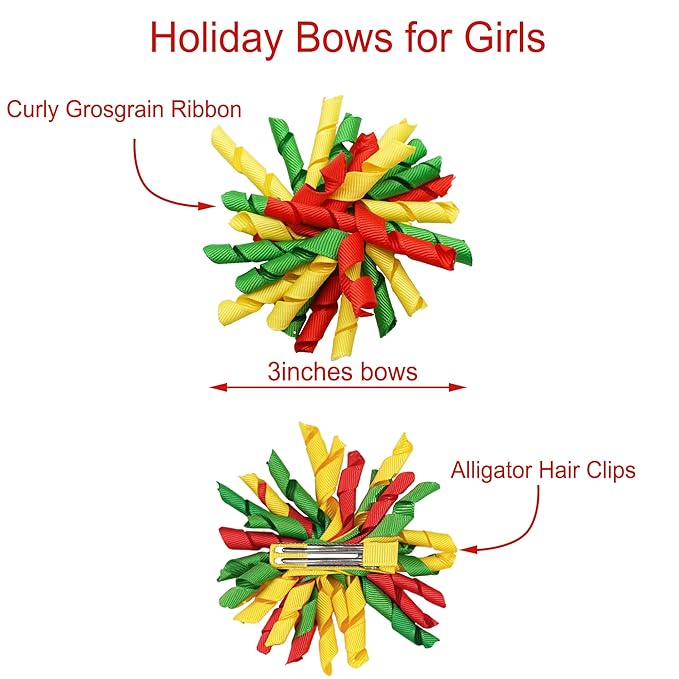 Yxiang 2PCS Korker Bows for Girls 3'' Curly Bow Hair Clip Ribbon Ponytail Bows Alligator Clip Hair Barrette for Girls Toddlers Kids (Red Green Yellow)