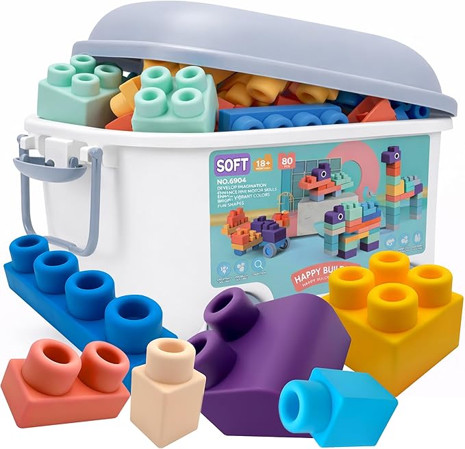 80PCS Baby Building Blocks Set with Storage Bucket, Blocks for Babies 6 Months and Up STEM Educational Toddler Gifts, Rubber Soft Blocks Big Building Blocks Sensory Stacking Toys
