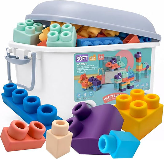 80PCS Baby Building Blocks Set with Storage Bucket, Blocks for Babies 6 Months and Up STEM Educational Toddler Gifts, Rubber Soft Blocks Big Building Blocks Sensory Stacking Toys