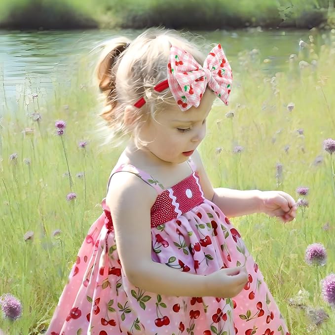 3 Pcs Baby Girl Headbands 4.5’’ Pink Bows Cherry Hair Accessories Summer Outfits for Newborn Infant Toddler Girls Clothes