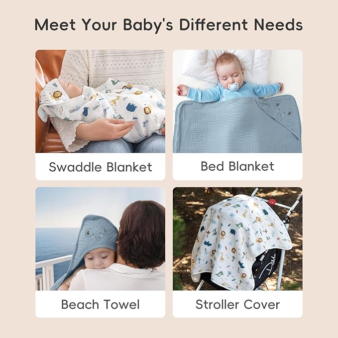 PHF 100% Muslin Cotton Baby Hooded Towels, 2 Pack Bath Towel with Hood for Newborn, Infant, Toddler, Ultra Soft and Absorbent Baby Bath Essentials, Shower Gifts for Boys, 32x32Inch, Woodland