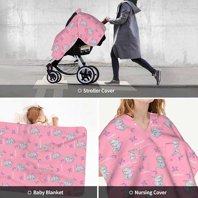 Personalized Elephant and Butterfly Pink Baby Infant Car Seats Canopy with Name, Custom Car Seat Covers for Baby Girls, Minky Nursing Breastfeeding Stroller Canopies for Newborn