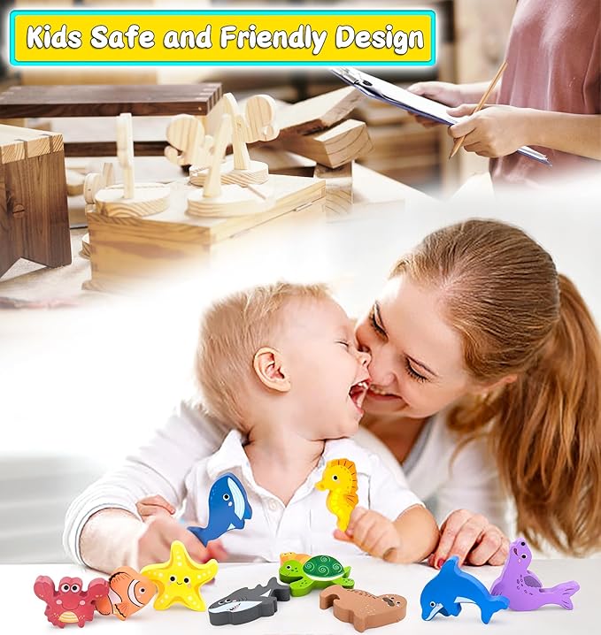 KECIABO Wooden Animal Puzzles Toys for Toddlers,12 Pcs Sea Animals Figures,Animal Matching Sorting Stacking Toy for Boys Child Girls,Educational Learning Toys Gift for Kids