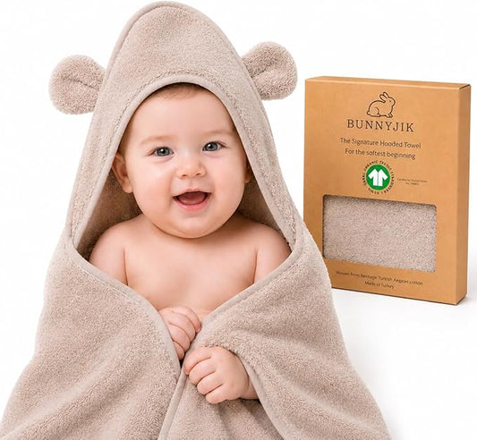 Turkish Organic Cotton Hooded Towels - Heritage Aegean Plush Bath Towels for Newborn, Best for Boys (Teddy Cub, 35×35" — Baby/Toddler Large Size Bath Towel Boy (6 Months–Toddler)