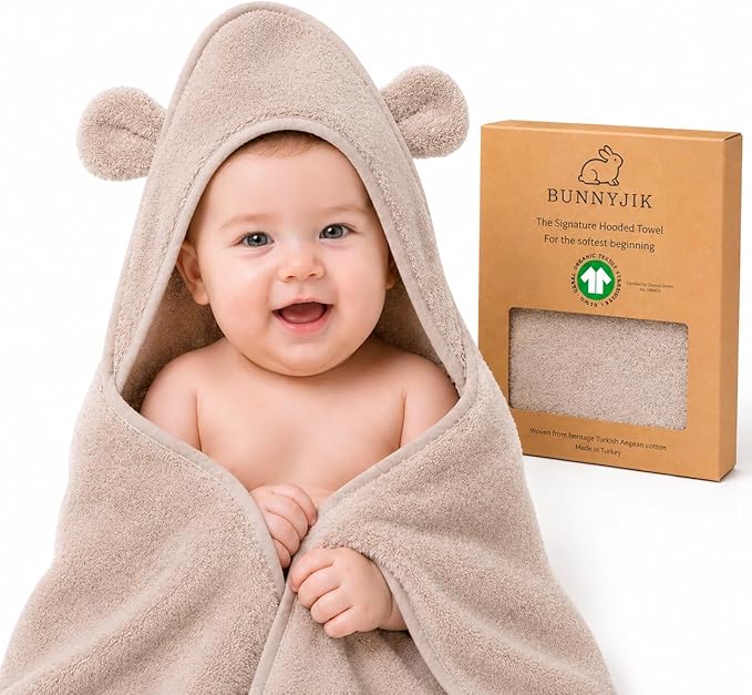 Turkish Organic Cotton Hooded Towels - Heritage Aegean Plush Bath Towels for Newborn, Best for Boys (Teddy Cub, 30×30” — Petite Newborn Infant Bath Towel Fit (0–12 Months)