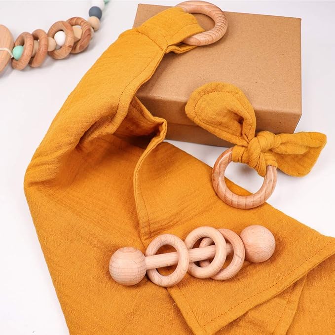 Baby Lovey, Wood Rattle, Teether Ring, 3 Pack Montessori Gift, Ginger, 100% Cotton, Double Gauze, Baby Girl Shower Gift