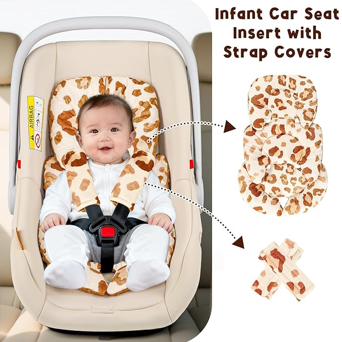Infant Car Seat Insert Head and Body Support, GFU Reversible Newborn Insert for Carseat With Strap Pads, Soft Stroller Cushion Pillow Insert for Boys and Girls, Fits for Stroller, Swing, Leopard Print