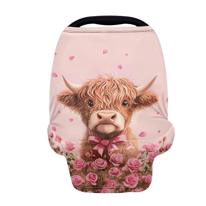 Wanyint Car Seat Covers for Babies Girls Boys, Stretchy Carseat Canopy Soft Baby Breastfeeding Nursing Scarf Infant Stroller Cover for Valentine's Day, Highland Cow Rose Pink