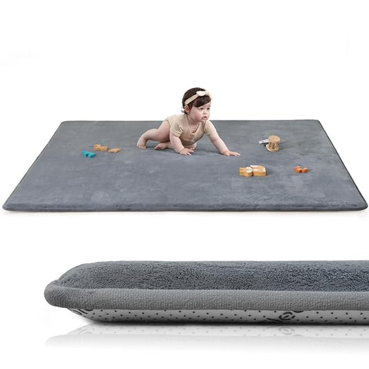 Baby Play Mat for Floor,Extra Large 59"×71" Playpen Mat for Tummy Time,Thicker Padded Elasti Foam Activity Mats,Water Repellent Ultra Soft Velvet,Non-Slip Backing Safe for Crawling(Dark Grey)