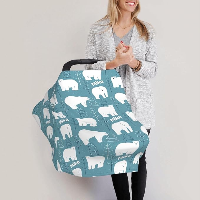 Personalized Baby Car Seat Cover for Boys Girls, Custom Polar Bear Nursing Covers for Breastfeeding with Name, Infant Stroller Cover, Baby Carseat Canopy for Newborn, Multiuse Car Seat Canopies