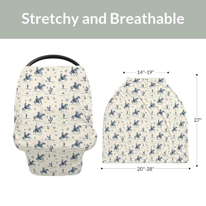 Vintage Western Cowboy Baby Car Seat Covers Retro Cowboy Cactus Horse Stretchy 5-in-1 Cover Adjustable Infant Carseat Canopy Cover Wild Desert Country Breathable Nursing Cover-Up
