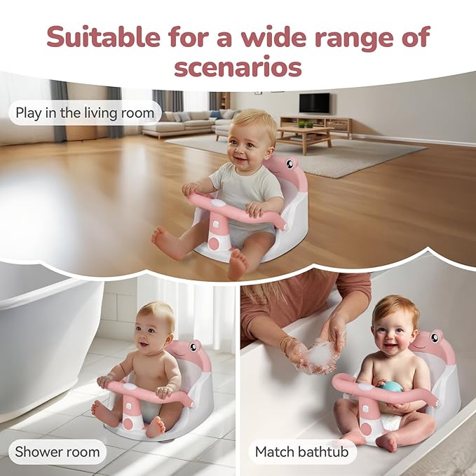 Baby Bath Seat for Babies 6 Months & Up - One-Handed Snap-On Armrest Baby Bath Chair | 4 Suction Cup Non-Slip Baby Bathtub Seat with Storage Bag | Ergonomic Infant Bath Seats for Baby Sitting Up Pink
