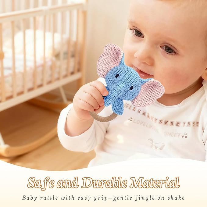 10" Crochet Elephant Stuffed Animal with Rattle, Pure Cotton Soft Crochet Doll Plush Toy for Newborn, Handmade First Birthday Gift