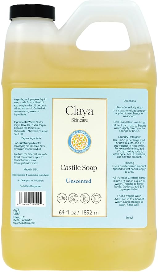 Claya Liquid Castile Soap – Organic Ingredients, Biodegradable, Gentle for Sensitive Skin and Versatile Use (64 fl oz, Unscented)