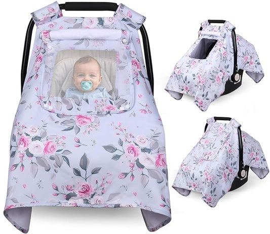Car Seat Cover Baby, Carseat Covers Baby with 2 Layers Breathable Windows, Windproof Infant Car Seat Cover, Kick-Proof Baby Carrier Cover for Baby Girl Newborn Essentials