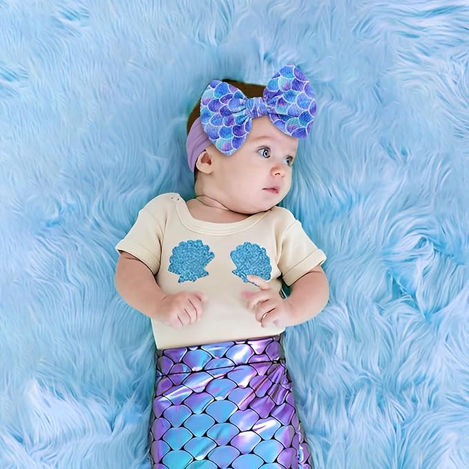 4.5'' Baby Bows Handmade Headbands 6'' Printed Tied Bow Elastic Nylon Hair Accessories for Baby Girls Newborn Infant 2 Pcs mermaid