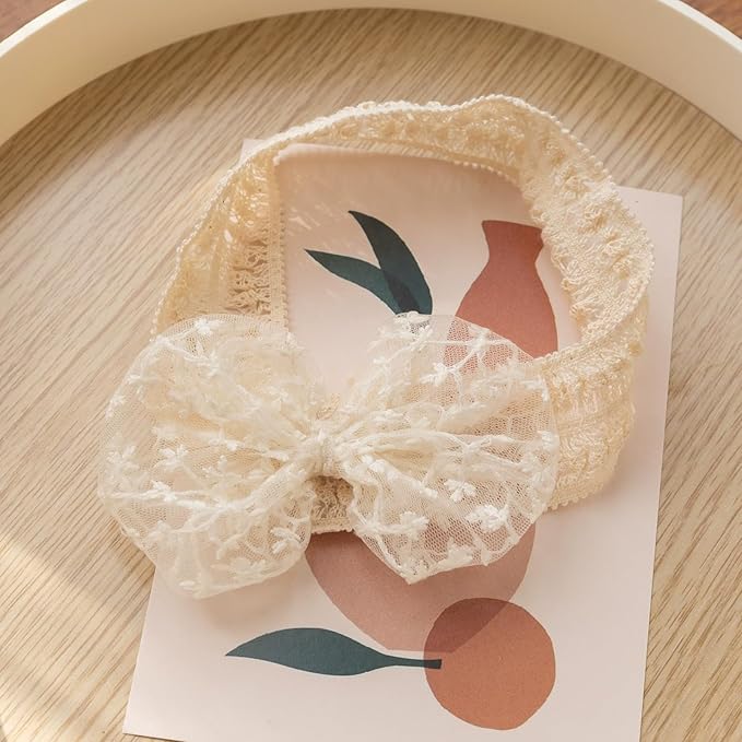 Baby Girls Bow Lace Headband Cute Soft Hairband White Butterfly Knot Headbands for Newborn Infants Toddlers Kids Christening Baptism Birthday Party Hair Accessories（Beige B）