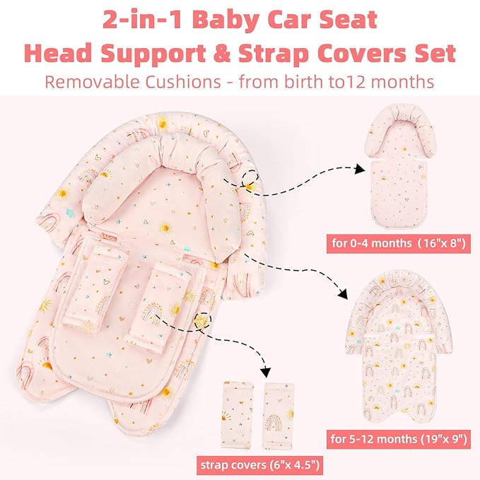 2-in-1 Infant Car Seat Insert, Upgraded Newborn Carseat Insert, Breathable & Soft Baby Car Seat Head Support with 2 Strap Covers for Girls, Perfect for Carseat, Stroller, Swing, Pink