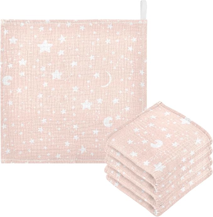 vvfelixl Moon Star Baby Burp Cloths, Baby Muslin Washcloths for Boys Girls, Cotton Baby Face Towel for Newborn Infants Soft and Absorbent 11.8 X 11.8 in, 5 Pack Pink