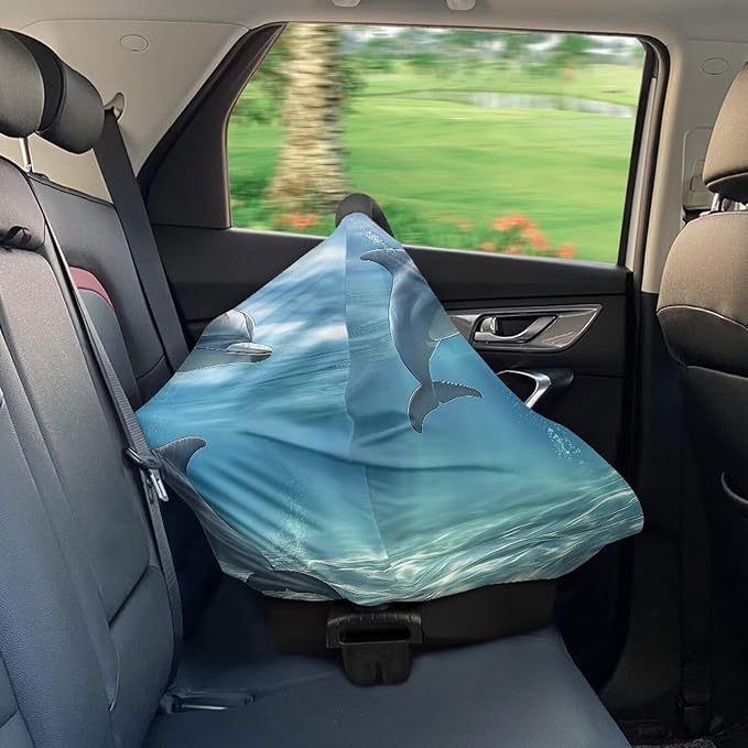 ZFRXIGN Dolphin Baby Car Seat Cover Blue Ocean Theme Nursing Cover for Girls Soft Infant Carseat Canopy,Shopping Cart/High Chair/Stroller Covers, Baby Shower Gifts