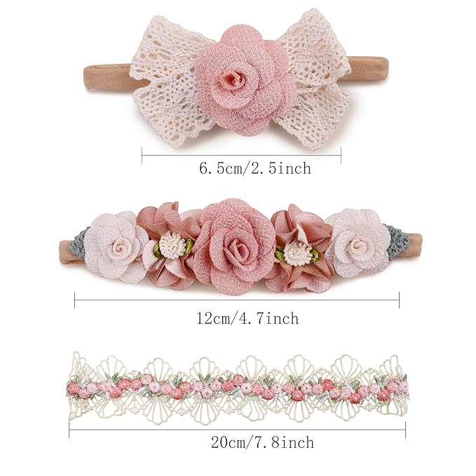 Baby Girl Flower Headbands and Bows, Stretchy Soft Nylon Floral Crown, 3pcs Handmade Hair Accessories for Newborn Infant Toddler
