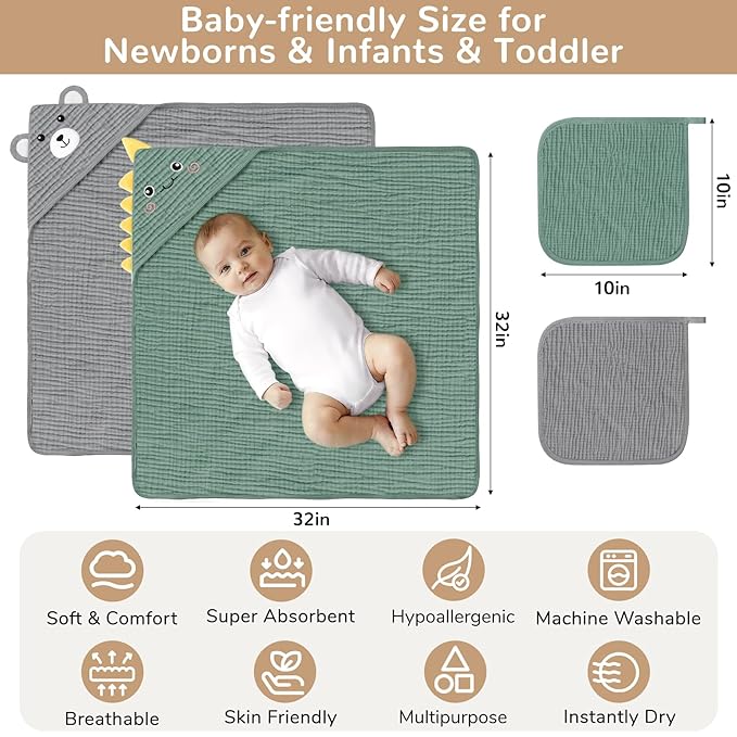 4 PCS Muslin Baby Bath Towels Set, 100% Cotton 2 PCS Animal Hooded Baby Towels 32x32 Inch & 2 PCS Washcloths, Ultra Absorbent & Soft Infant Newborn Essentials Gifts for Boys & Girls, Dinosaur & Bear