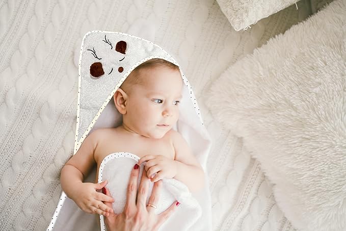 Organic Baby Hooded Bath Towel 30x30 Inch – 100% Organic Cotton, 380 GSM Soft & Absorbent Newborn Towel with Embroidered Hood, (Deer)