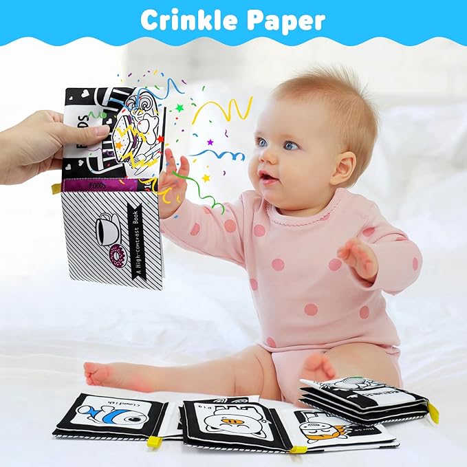 OKOOKO 12PCS Soft Baby Books Black and White High Contrast Soft Cloth Bath Books Crinkle Washable Non-Toxic Early Education Preschool Learning Toy for Newborns Babies Infants Toddlers Kids