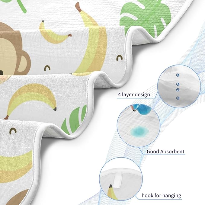 Cute Monkey Baby Boys Girls Bath Towel Banana Palm Leaves Hooded Towels Newborn Toddlers Organic Cotton Washcloths Shower Beach Towel 35 x 35 Inch