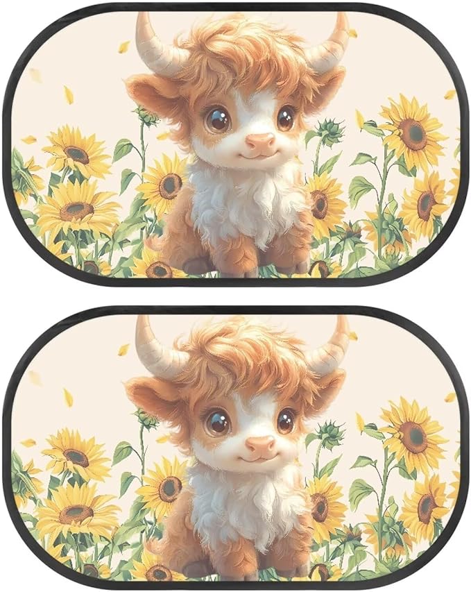 Bulopur Lovely Highland Cow Car Window Covers 2 Pack Car Window Shades UV Protection Breathable Side Window Screens Sun Protection and Sun Shade Blocker Universal Car Sun Shades