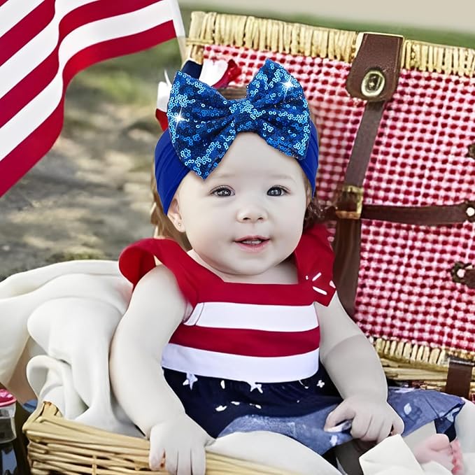 Baby Girl Hair Bows 4th of July Red Blue Headband Sequins Large Bows Patriotic Police Glitter Headband Bows Infant Hair Accessories Kids