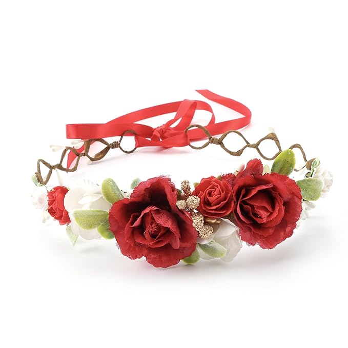 Flower Girl Flower Crown Pink Baby Girls Floral Headpieces Kids Headband Children Hair Wreath Photo Prop (Dark Red-Child Size)