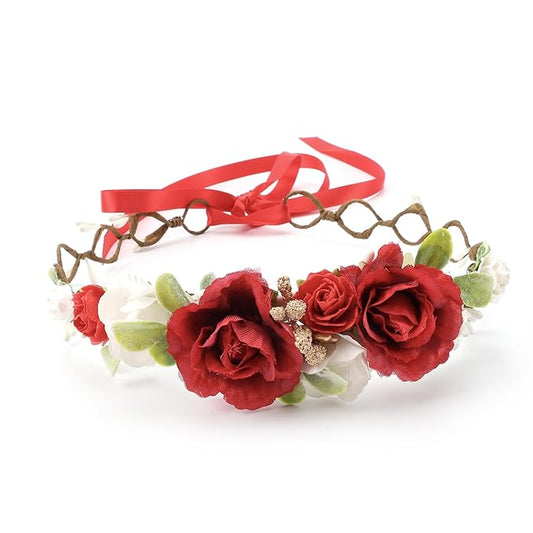 Flower Girl Flower Crown Pink Baby Girls Floral Headpieces Kids Headband Children Hair Wreath Photo Prop (Dark Red-Child Size)