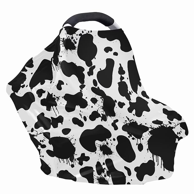 Car Seat Covers Canopy Cover- Multi-use Cover Carseat Canopy, Black White Cow Painting Breathable Breastfeeding Protector for Babies, Boys & Girls Shower Gifts