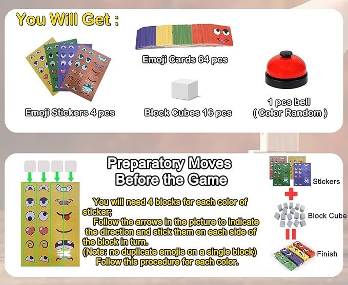 Face Changing Magic Cubes Game - Expression Matching Block Puzzle with Bell, Educational Building Toy for Kids & Adults, Fun Family Board Game