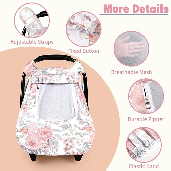 Car Seat Cover Baby, HNHUAMING Infant Car Seat Covers Canopy, Infant Car Seat Insert, Baby Car Seat Head & Body Support for Newborn, Car Seat Strap Pads for Baby Kids, Pink