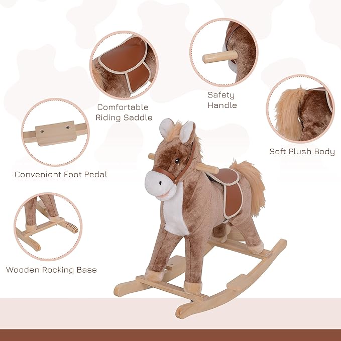 Qaba Kids Rocking Horse, Ride on Horse for Toddlers with Soft Plush Body, Wooden Base & Handle Grip for 3+ Year Old Boys and Girls, Brown